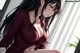 Anime girl with long black hair and green eyes sitting at a table.