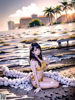 A woman in a bikini sitting on the beach.